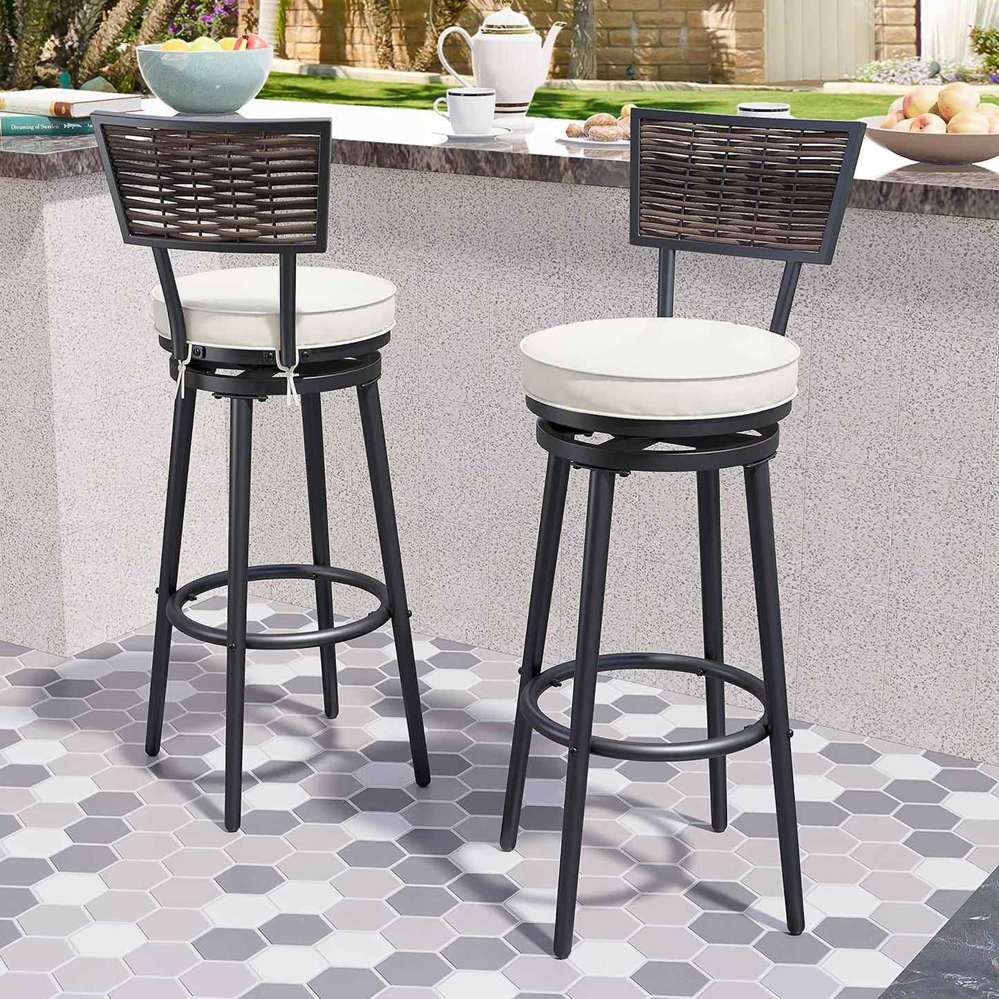 TOP HOME SPACE Patio Bar Stools Outdoor Swivel Bar Height Stool Chairs Set of 2 with Rattan Back Round Seat for Deck Porch Backyard, 29.7" Seat Height