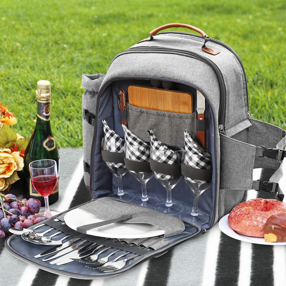 Sunflora Picnic Backpack for 4 Person with Blanket Picnic Basket Set for 2 with Insulated Cooler Wine Pouch for Family Couples (Gray)