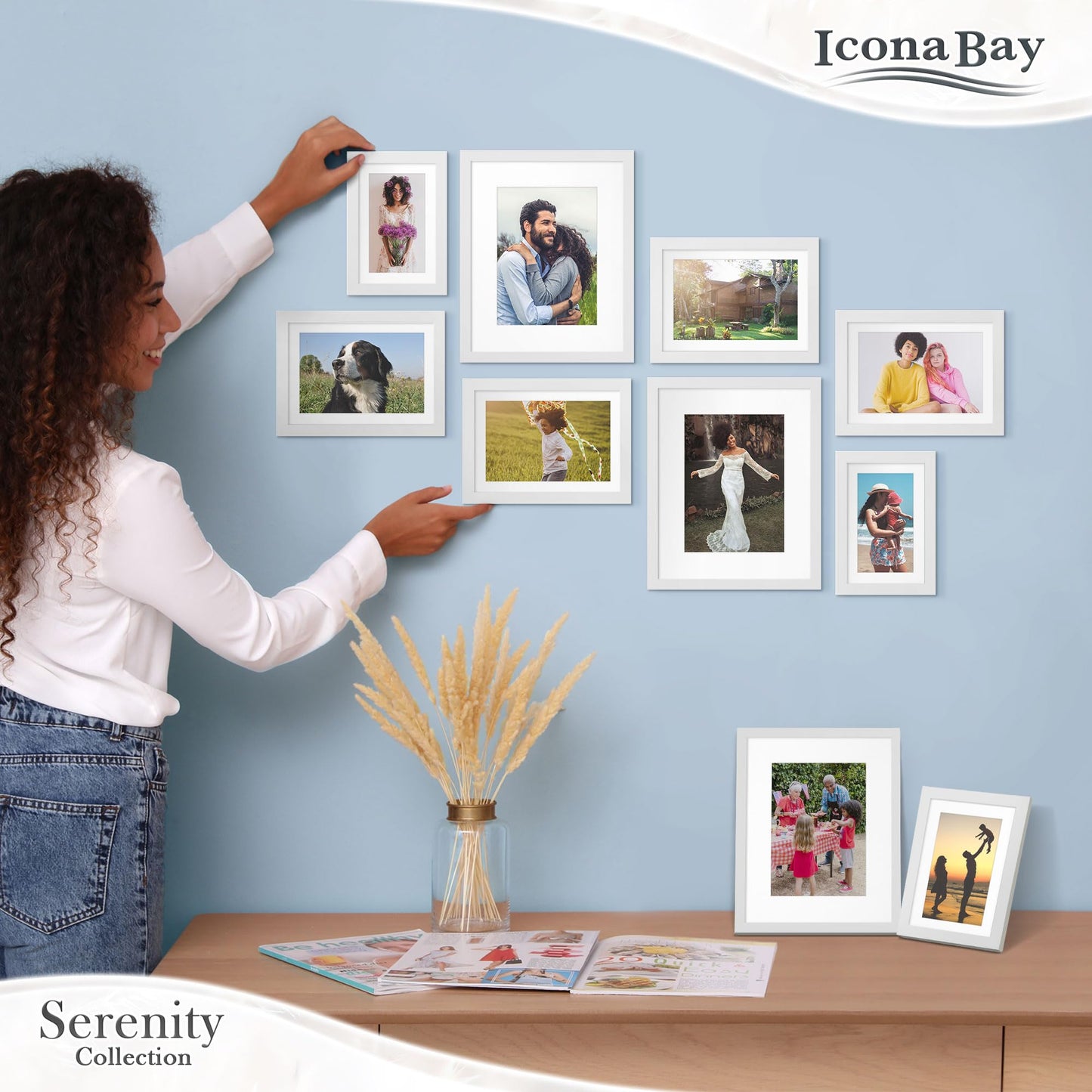 Icona Bay 4x6 Picture Frames w/Removable Mat for 3x5 Photos (White, 6 Pack), Sleek Modern Style Frames, Table Top or Wall Mount, Serenity Collection