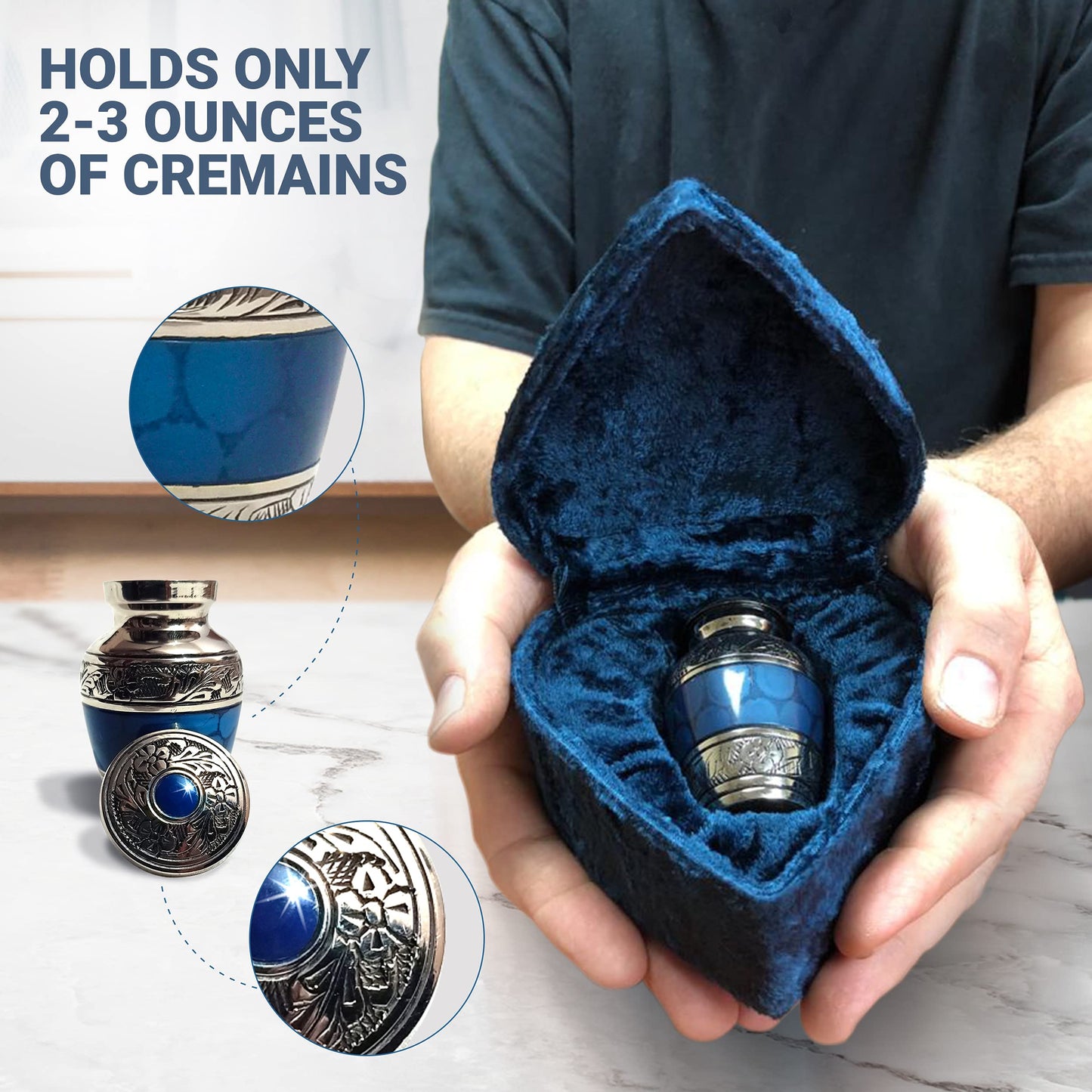 Small Keepsake Cremation Urns for Human Ashes with Velvet Heart Case and Funnel - Beautiful Peaceful Dark Blue Brass Hand Engraved Mini Memorial Urn