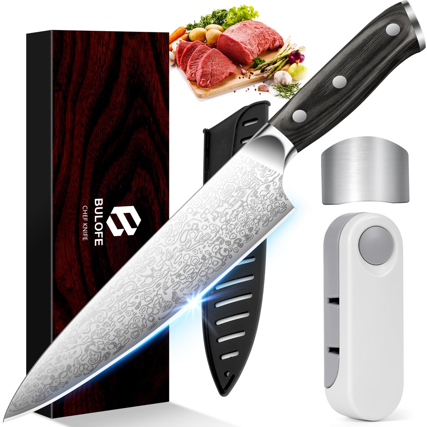 BULOFE 8" Professional Chef Knife, Super Sharp Chef's Knife with Finger Guard and Knife Sharpener, High Stainless Steel with Ergonomic Handle