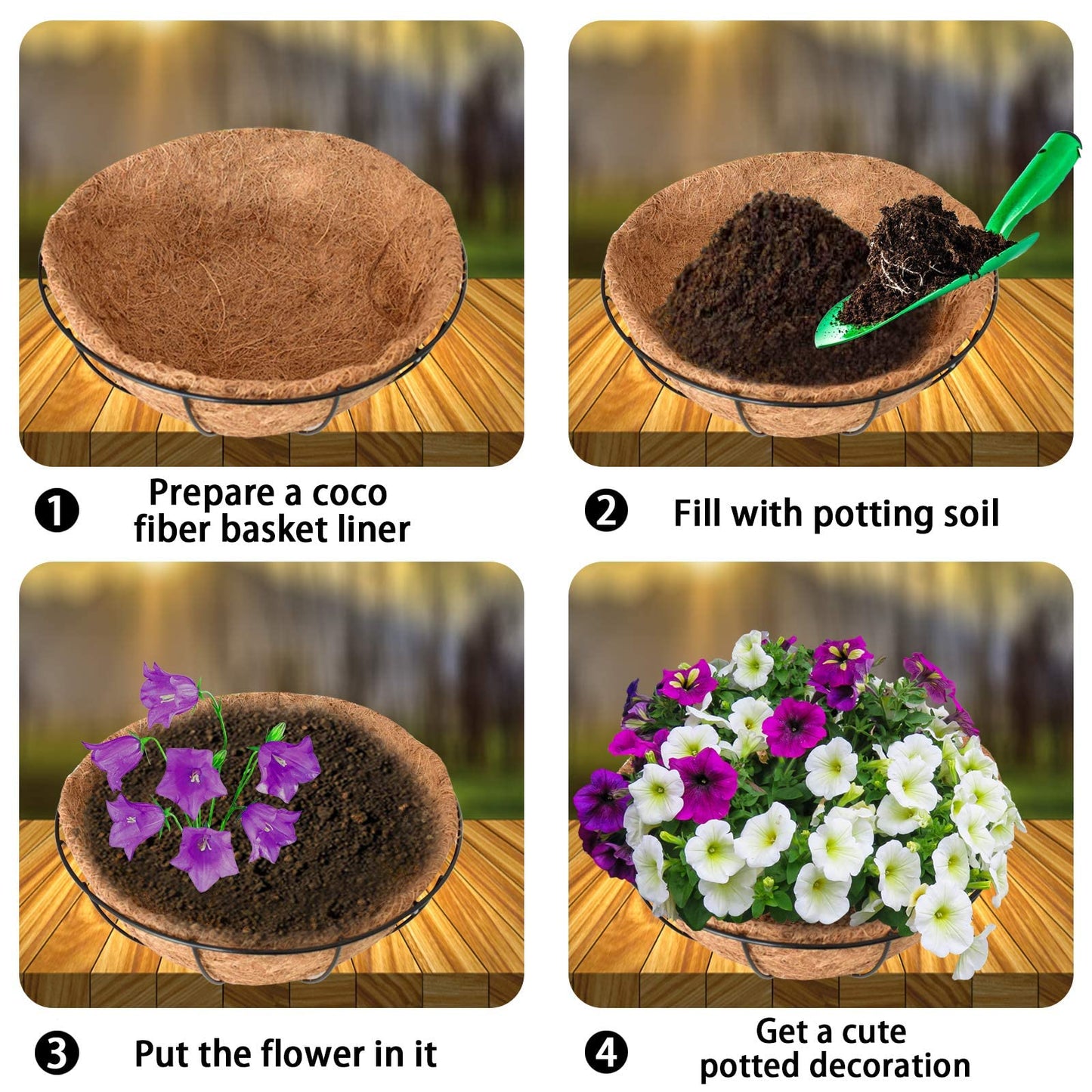 Halatool 4 PCS 14 Inch Round Coco Liners Hanging Basket 100% Natural Replacement Coconut Fiber Liner for Garden Flower Pot Vegetables Herbs