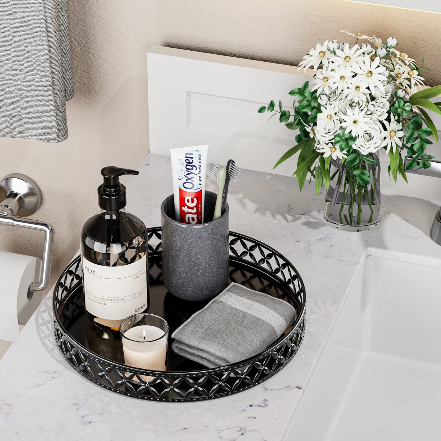 Vanity Tray for Bathroom Counter - 11 Inch Black Decorative Tray Bathroom Counter Tray Organizer for Perfume Cosmetics Jewelry Makeup