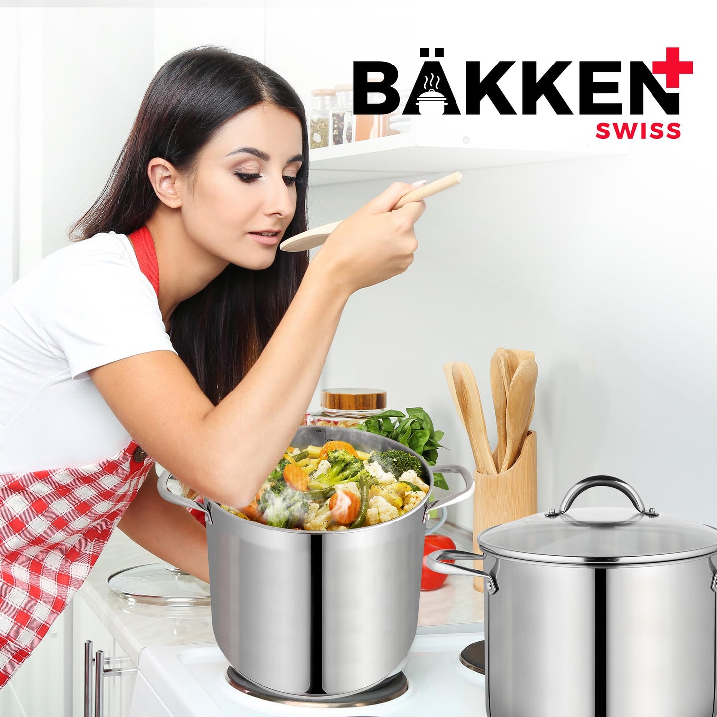 Bakken-Swiss Deluxe 20-Quart Stainless Steel Stockpot w/Tempered Glass See-Through Lid - Simmering Delicious Soups Stews & Induction Cooking - Exceptional Heat Distribution - Heavy-Duty & Food-Grade