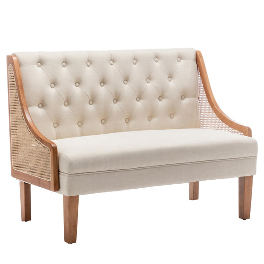 Yongqiang Modern Settee with Back Small Loveseat Sofa Rattan Upholstered Dining Banquette Seating for Kitchen Dining Room Living Room Linen Button Tufted Mini Couch