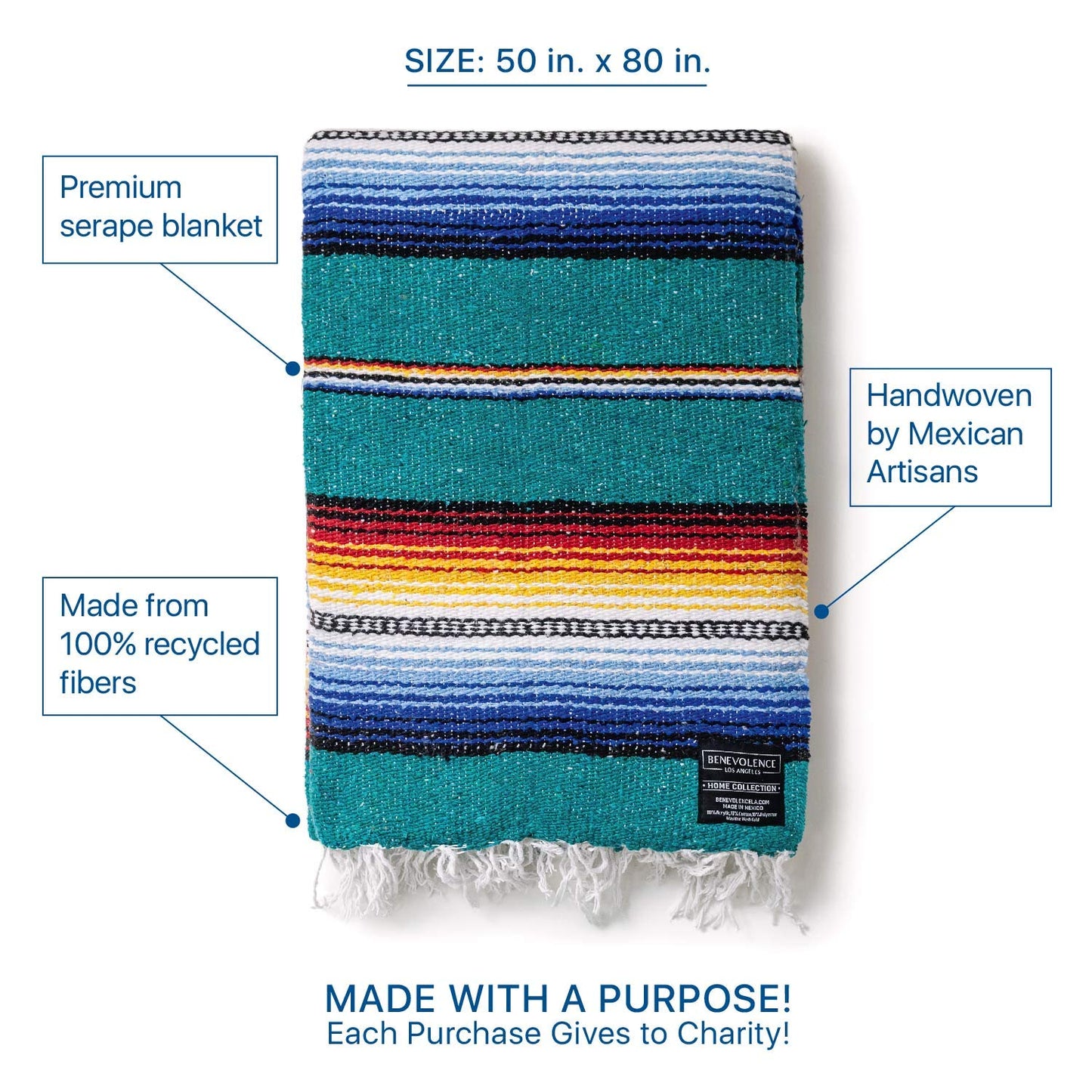 Benevolence LA Mexican Blanket, Authentic Handwoven Yoga Blanket & Outdoor Blanket, Made by Traditional Mexican Artisans, Saddle Blanket, Beach Blanket, Picnic Blanket, & Car Blanket 75 x 52 - Agua