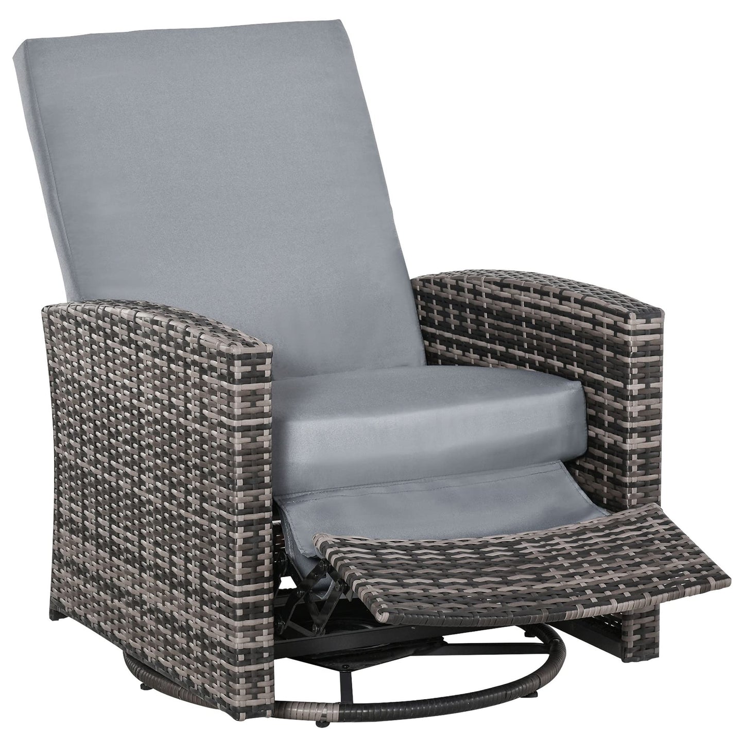 Outsunny Outdoor Wicker Swivel Recliner Chair, Reclining Backrest, Lifting Footrest, 360° Rotating Basic, Water Resistant Cushions for Patio, Grey