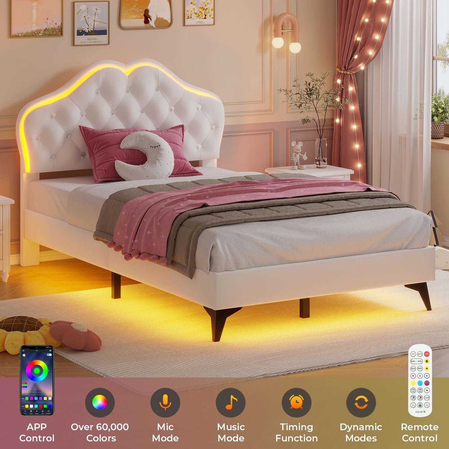 ADORNEVE Twin Bed Frame with RGB LED Lights, Princess Bed Frame with Adjustable Crystal Button Headboard, Velet Upholstered Platform Bed for Girls, Solid Wooden Slats, Easy Assembly, Creamy White