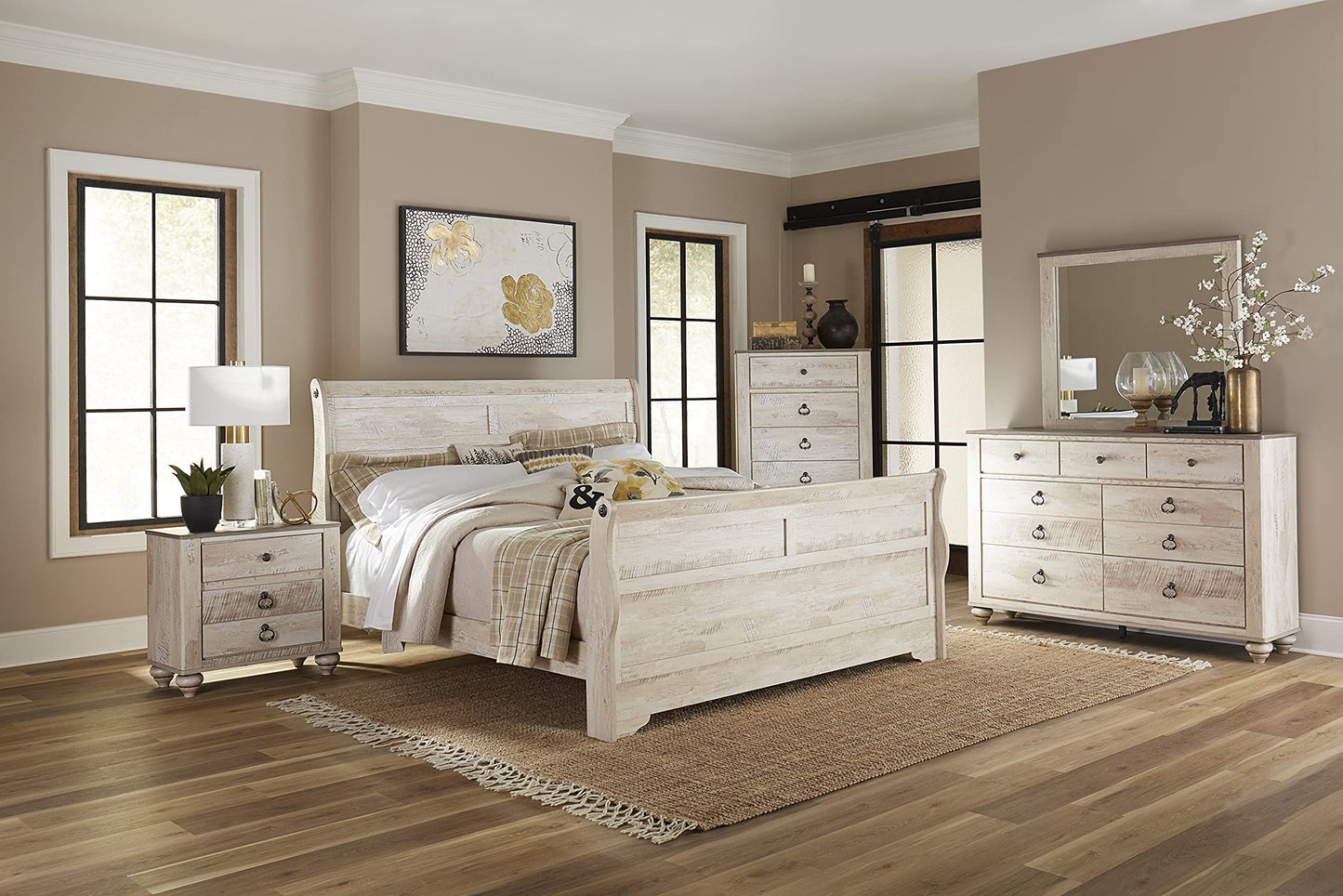 Roundhill Furniture Imerland Bed White-wash Finished 6-Piece Sleigh Headboard Bedroom Set, King