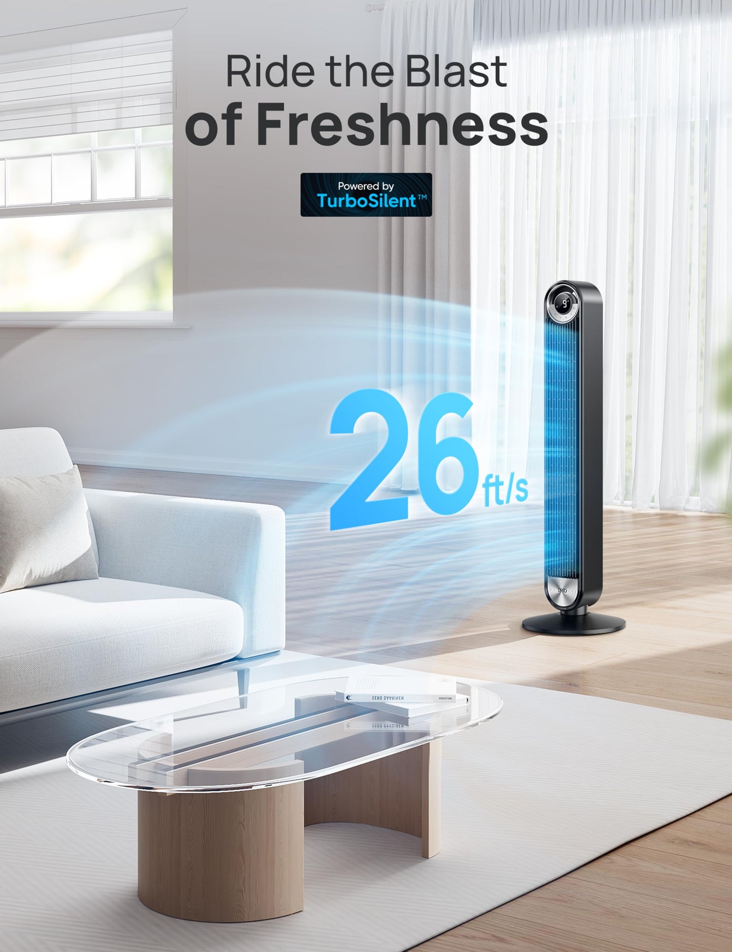 Dreo Tower Fan for Bedroom, Upgrated DC 9 Speeds Utral-Quiet Floor Fan, 90° Oscillating Fans for Indoors with 26ft/s Velocity, 12H Timer, Standing Fans, Bladeless Fan Powerful for Home Office Room