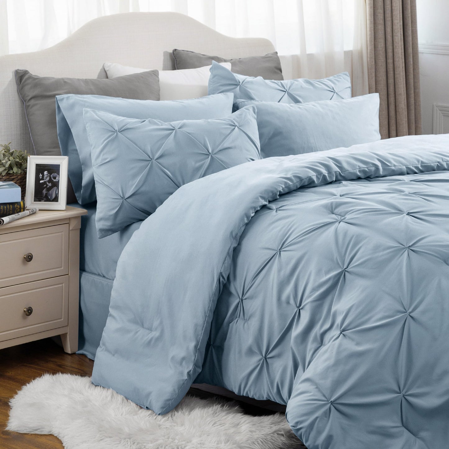 Bedsure Queen Comforter Set Light Blue - Bed in a Bag Queen 7 Pieces, Pintuck Bedding Sets Gift for Christmas, Pinch Pleat Bed Set with Comforter, Sheets, Pillowcases & Shams