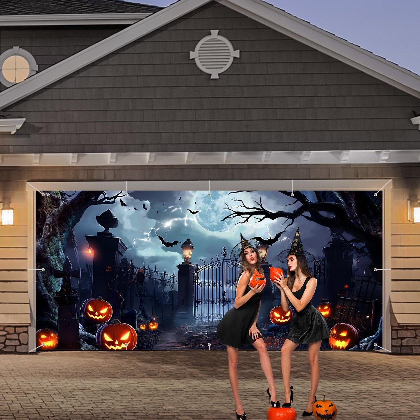 Preboun Halloween Garage Door Banner Large Hanging Backdrop Door Cover Halloween Garage Wall Decorations for Outdoor Holiday(6 x 13 ft)