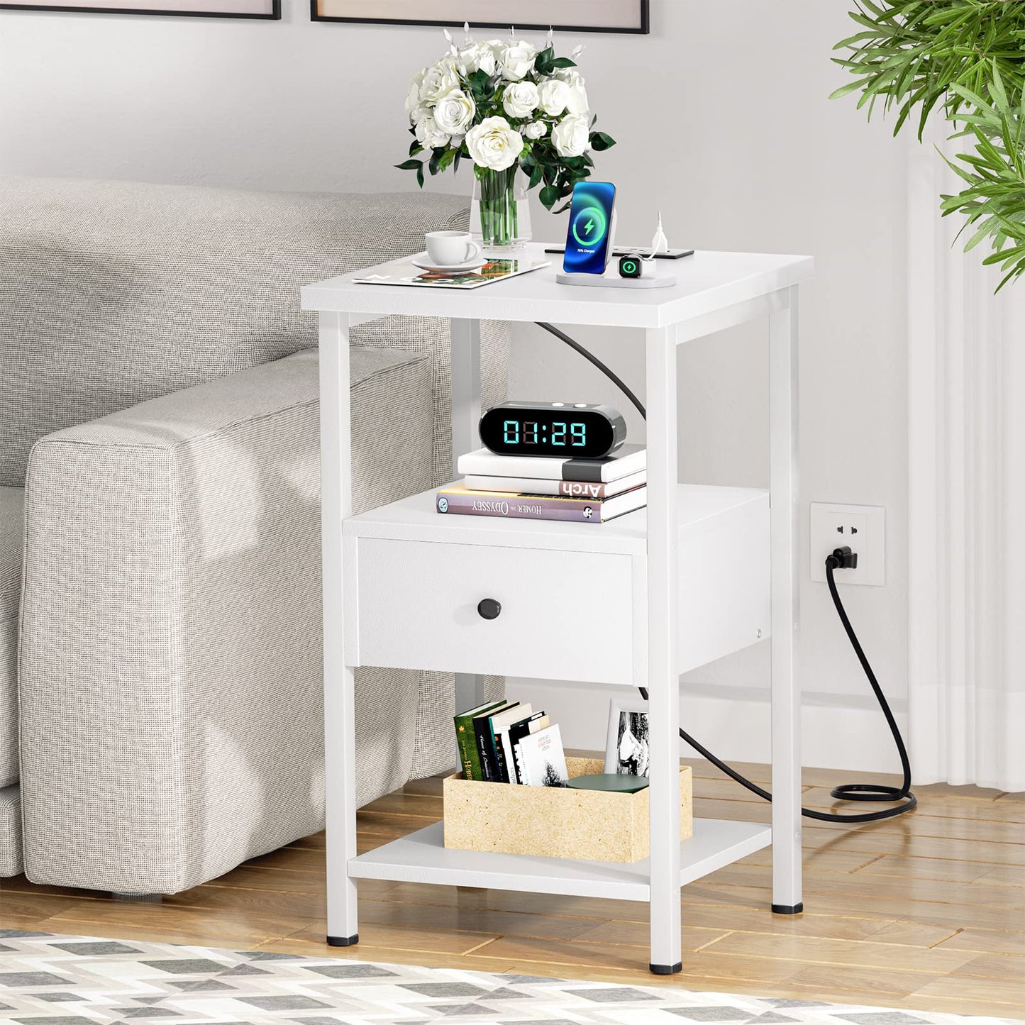 Girapow Nightstands Set of 2, 3-Tier Nightstand with LED Lights, 26.8'' Nightstands with Charging Station and USB Ports, Adjustable Wood Drawer, End Table Bedside Table with Storage for Bedroom, White