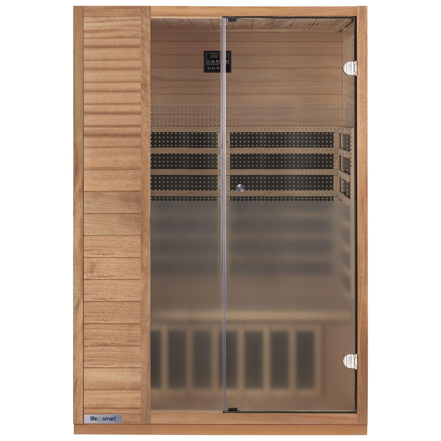 LIFE SMART Sahara 2 Person Infrared Home Sauna with 5 Heaters, Adjustable Temperature and Roof Vent, and Bluetooth, LSS-2, Natural Okoume Hemlock Wood