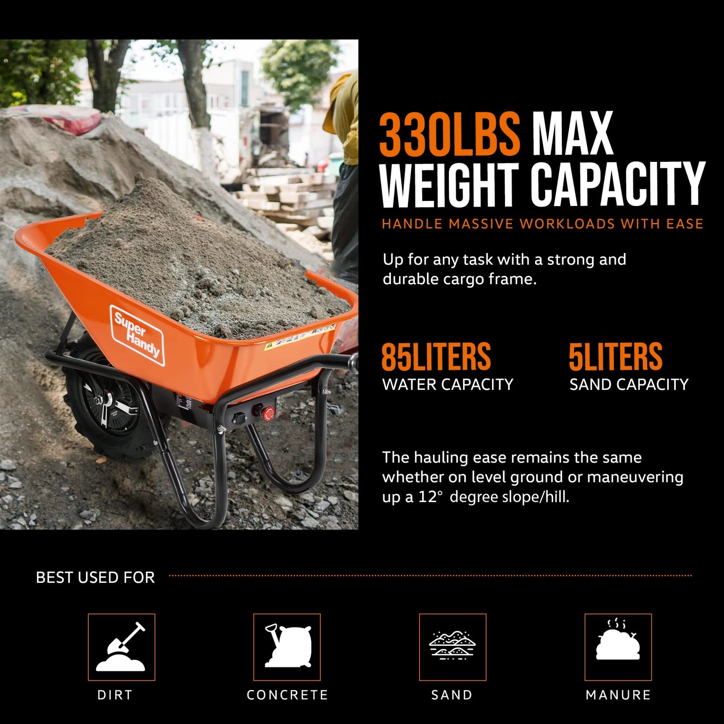 SuperHandy Wheelbarrow Electric Powered Utility Cart 24V 12Ah 500W 330LBS (150kgs) Capacity Material Debris Hauler