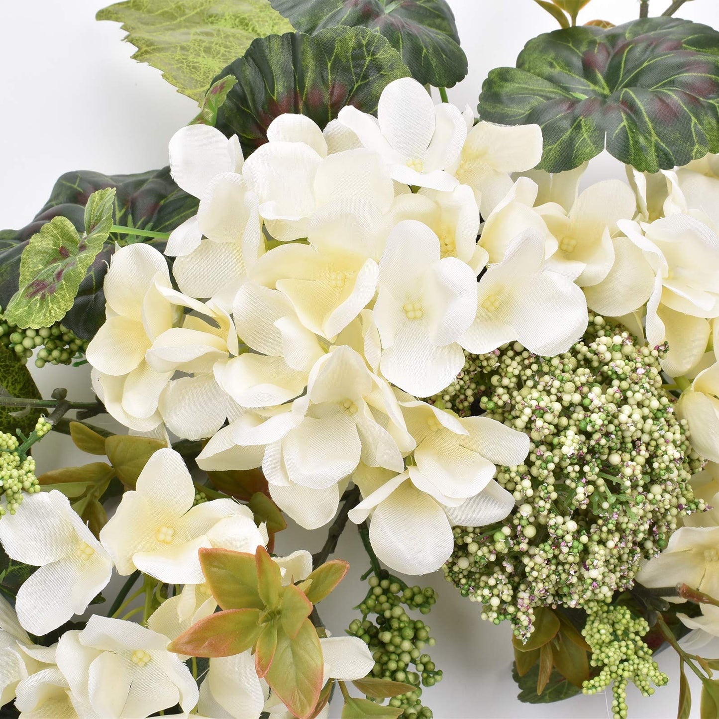 I-GURU Artificial Swag Hydrangea Flower 28 Inch, White Spring Decorative Swags with Green Leaves for Home Room Front Door Wedding Arch Garden Party Tabletop Wall Decor