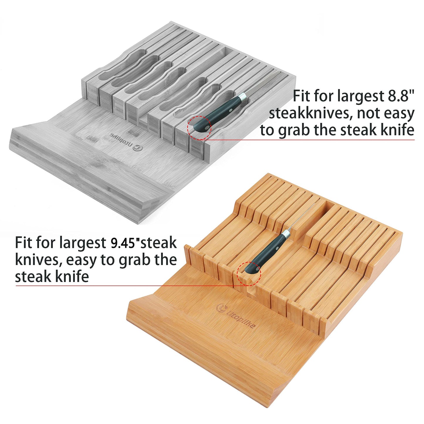 Utoplike In-drawer Knife Block Bamboo Kitchen Knife Drawer Organizer, Large handle Steak knife Holder without Knives, Fit for 16 knives and 1 Sharpening Steel (Not Included)