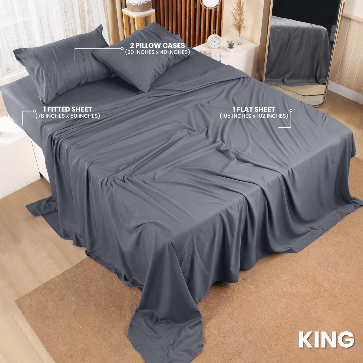 Utopia Bedding King Bed Sheets Set - 4 Piece Bedding - Brushed Microfiber - Shrinkage and Fade Resistant - Easy Care (King, Grey)