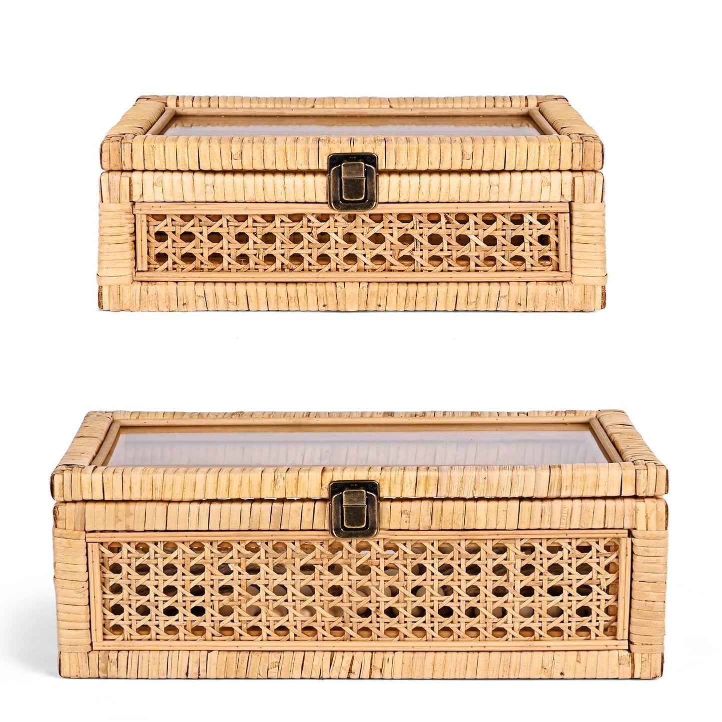 HUAXIN CRAFT H Rattan Decorative Box with Lid, Rectangular Woven with Glass for Display, Set of 2 Wicker for Decor