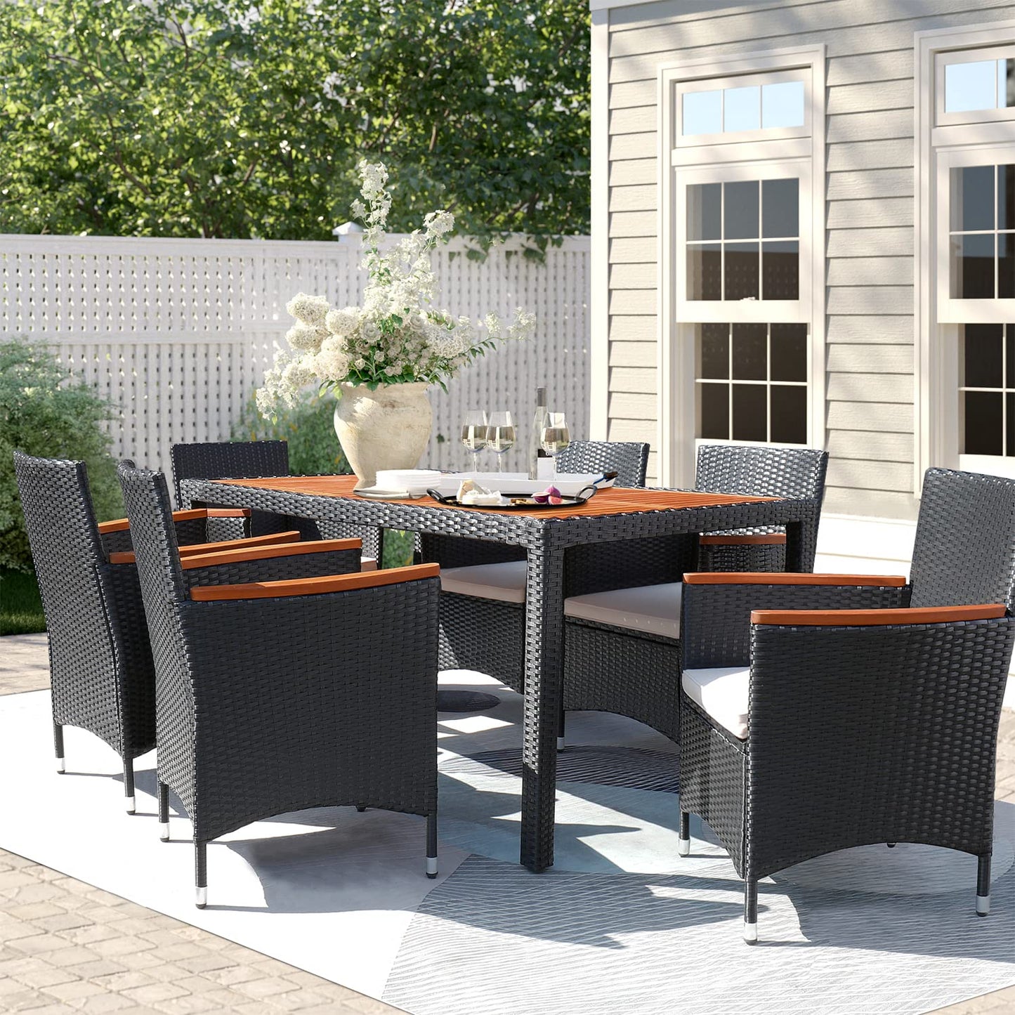 Flamaker 7 Piece Patio Dining Set Outdoor Acacia Wood Table and Chairs with Soft Cushions Wicker Patio Furniture for Deck, Backyard, Garden