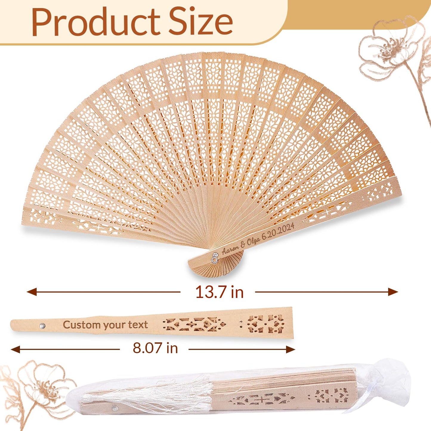 JONZIN 50Pcs Personalized Wooden Folding Hand Fans - Custom Wedding Fans for Guests Engraved Text Wedding Fans for Party Favors Bridal Shower Wedding Gift for Guests Bulk (50)