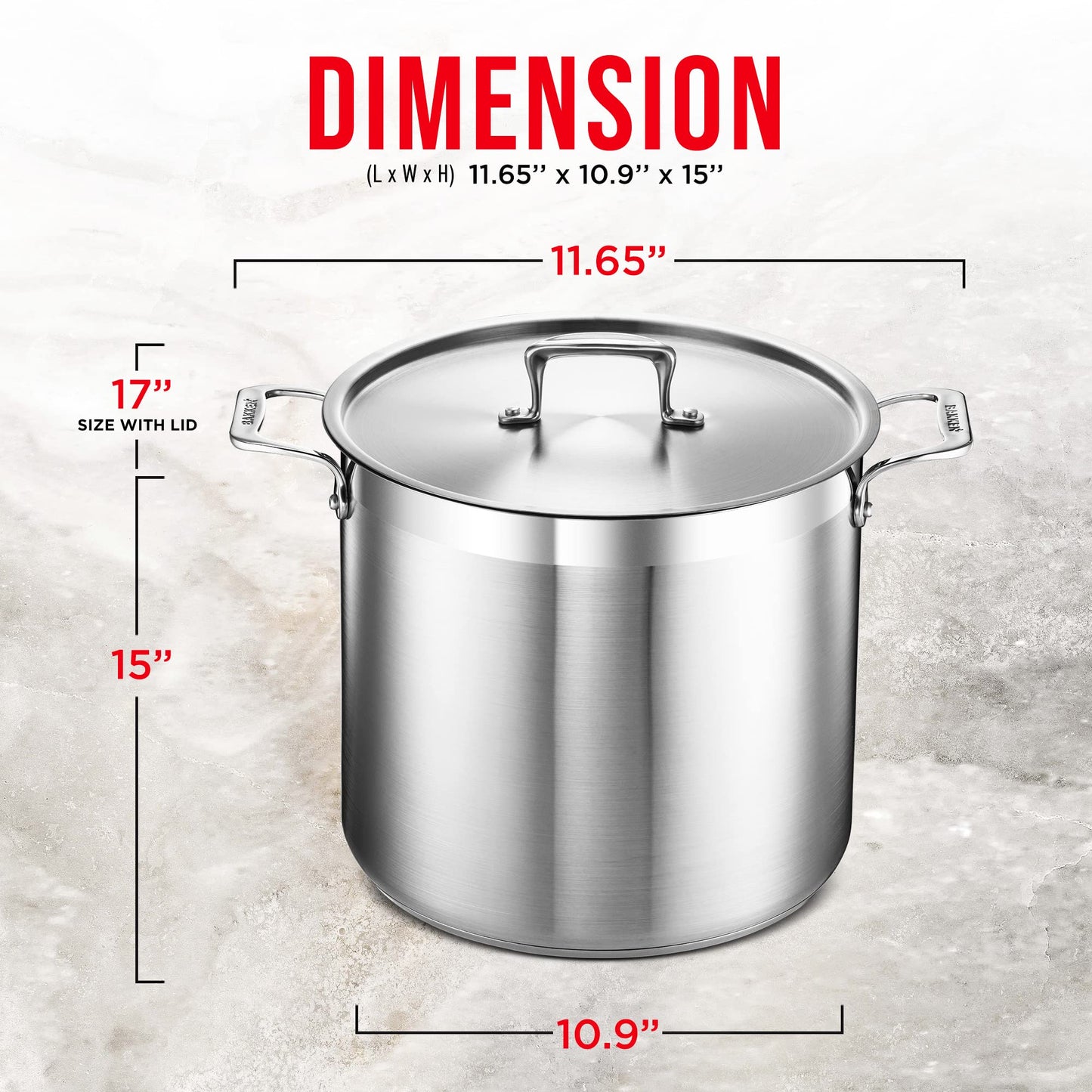 Stockpot – 16 Quart – Brushed Stainless Steel – Heavy Duty Induction Pot with Lid and Riveted Handles – For Soup, Seafood, Stock, Canning and for Catering for Large Groups and Events by BAKKEN