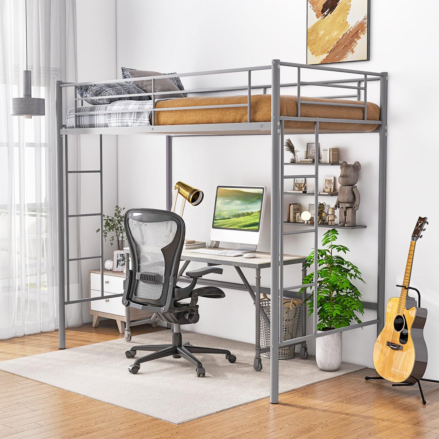 Giantex Metal Loft Bed Twin Size, Heavy Duty Metal Loft Bed Frame with Dual Ladders & Safety Guardrail, No Box Spring Needed, Space-Saving Loft Bed for Juniors Teens Adults (Silver)