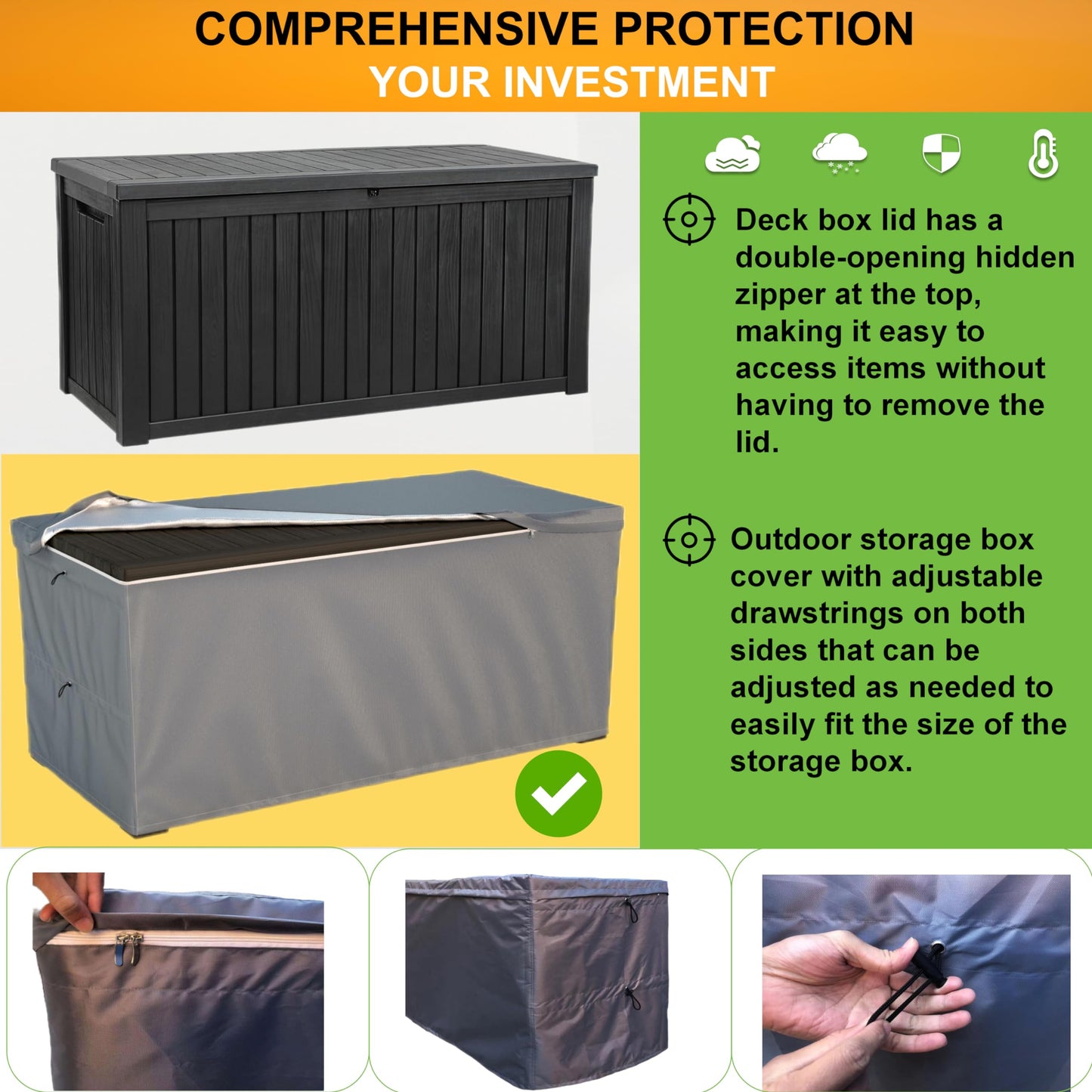 Deck Box Cover, Outdoor Large Storage Box Cover 150 Gallon Deck Box Dust Cover Heavy Duty 600D Oxford Fabric Patio Furniture Cover, Rain, Dust, UV, Wind, Snow Resistant, 63 x 30 x 28 Inches