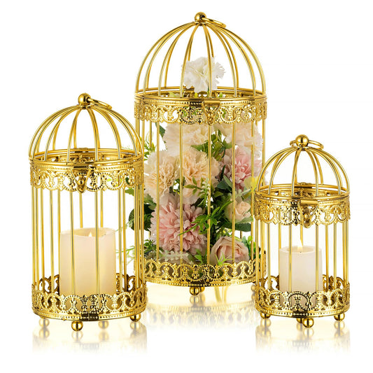 NUPTIO Decorative Candle Lanterns Gold: 3 Set of Tiered Metal Birdcage Lantern Centerpiece Stand Vintage Moroccan Style Brass Pillar Candle Holder for Christmas Weddings Birthday Party Table Decor