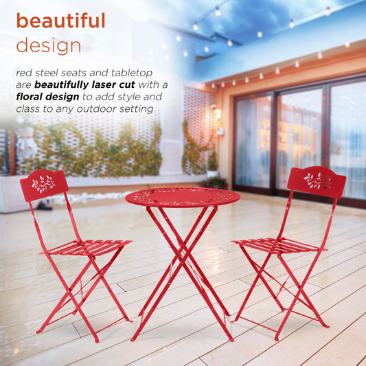 Alpine Corporation Indoor/Outdoor 3-Piece Bistro Set Folding Table and Chairs Patio Seating, Red