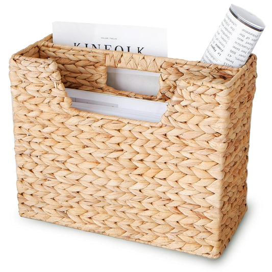 Chi An Home Wicker Magazine Basket, Water Hyacinth Organizer for Files, Books & Newspapers, Divided Rattan Basket with Handle, Skinny Storage for Dorm, Office, Living Room Essentials