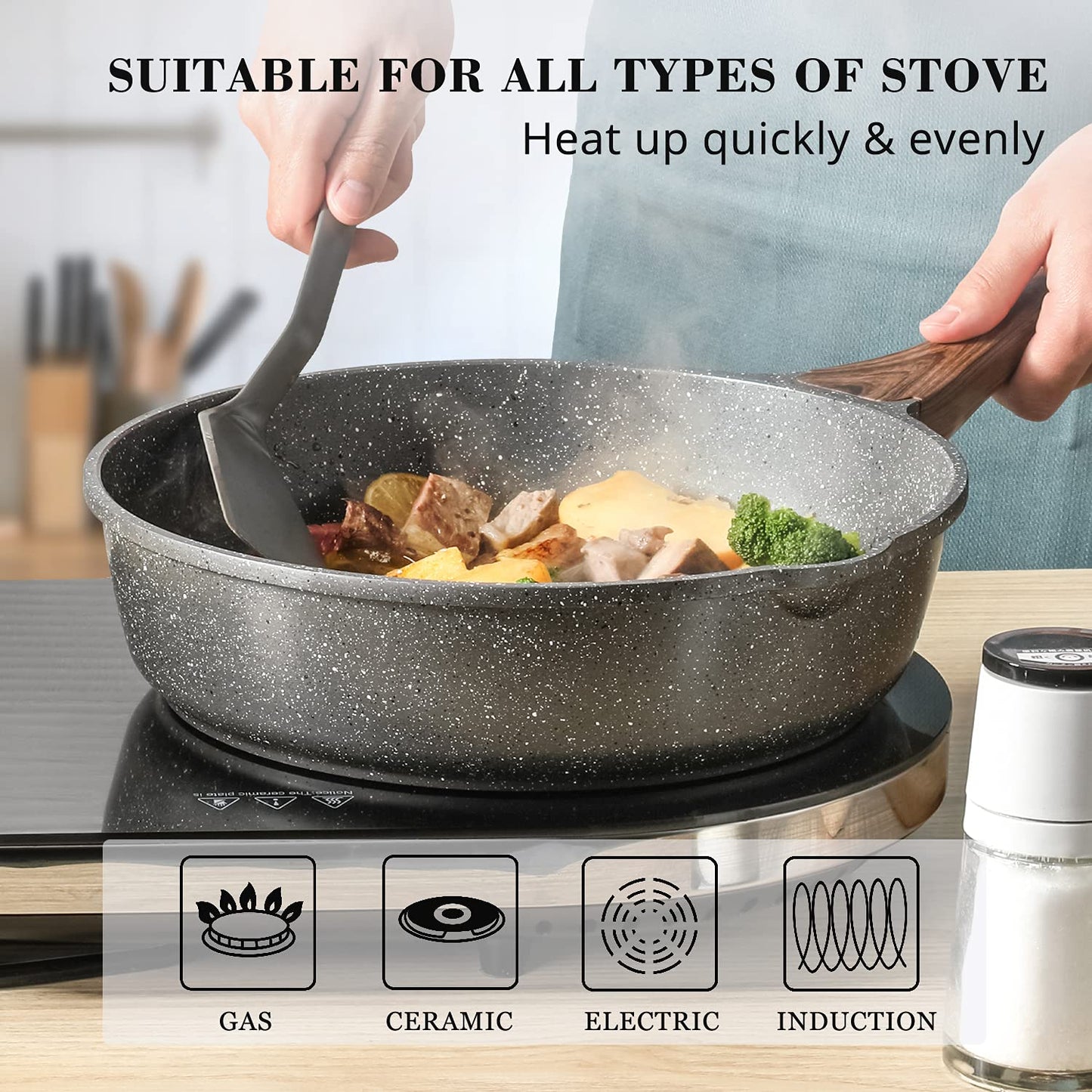 SENSARTE Nonstick Deep Frying Pan Skillet, 11-inch Saute Pan with Lid, Stay-cool Handle, Chef Pan Healthy Stone Cookware Cooking Pan, Induction Compatible, PFOA Free