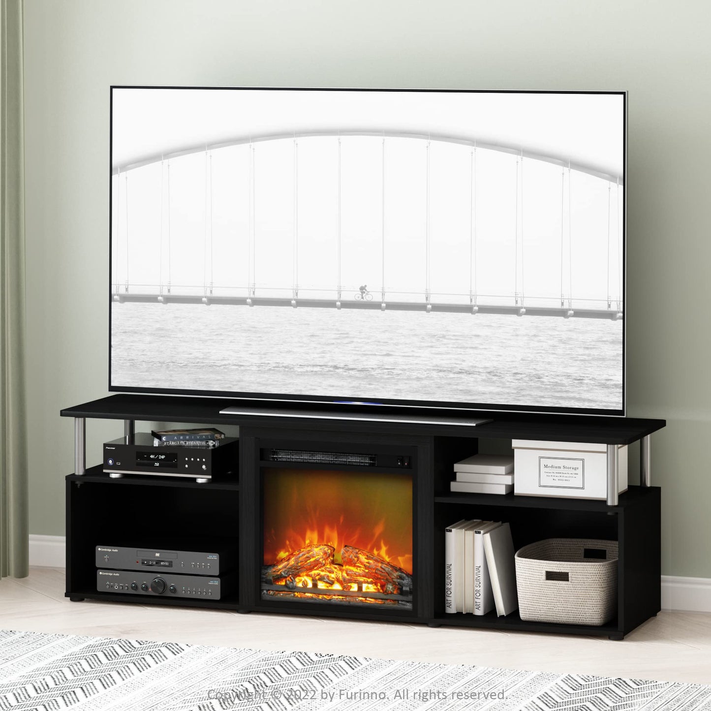 Furinno Jensen Open Storage Fireplace Entertainment Center for TV up to 70 Inch with Stainless Steel Tubes, Americano/Chrome