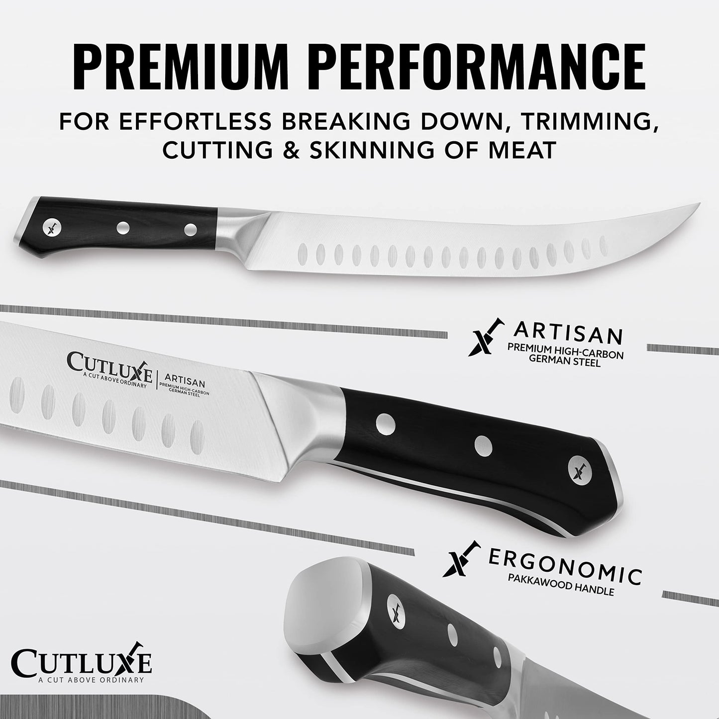 Cutluxe Butcher Knife – 10″ Cimeter Breaking Knife, Razor Sharp Forged High Carbon German Steel, Full Tang Carving Knife, Ergonomic Handle Design, Grilling Gifts for Men – Artisan Series