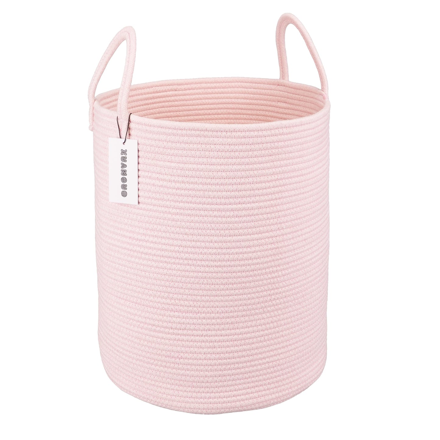 XUANGUO Cotton Rope Laundry Basket Hamper for Girls Kids Baby Nursery Hamper Bin Woven Storage Basket for Living Room Girls room Boho Tall Rope Baskets for Blanket Toys Large light pink