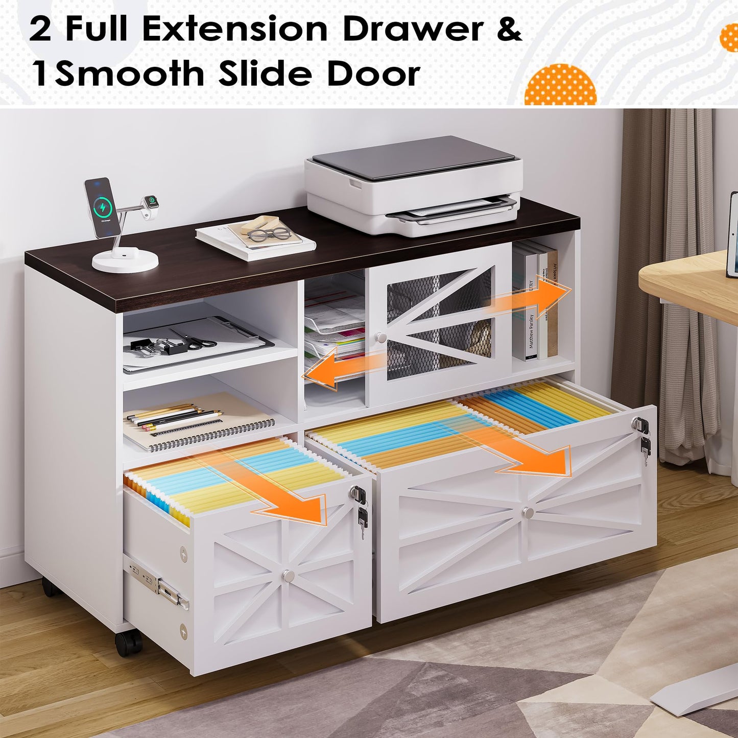 kepptory 2 Drawer File Cabinet with Lock, Rolling File Cabinet for Home Office Fits Files Letter/Legal/F4/A4, Filing Cabinet 2 Drawer with Adjustable Shelf & 2 Lockable Wheels (White + Brown)