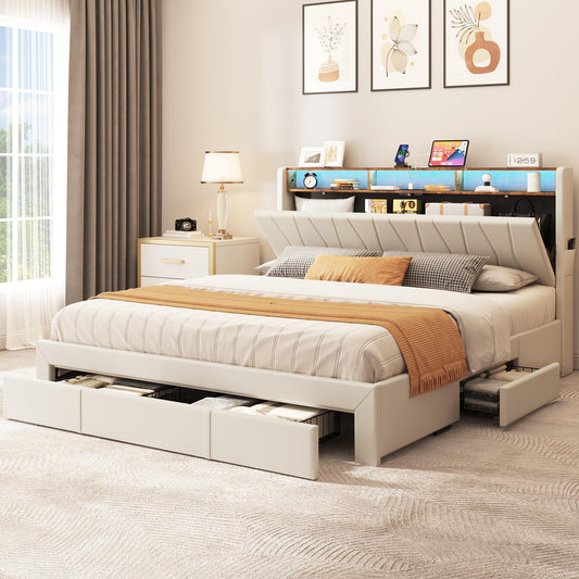 YITAHOME King Size Bed Frame, Storage Bed Frame with 4 Drawers & LED Light, Platform Bed with Storage Upholstered Headboard and Charging Station, No Box Spring Needed, Easy Assembly, Beige