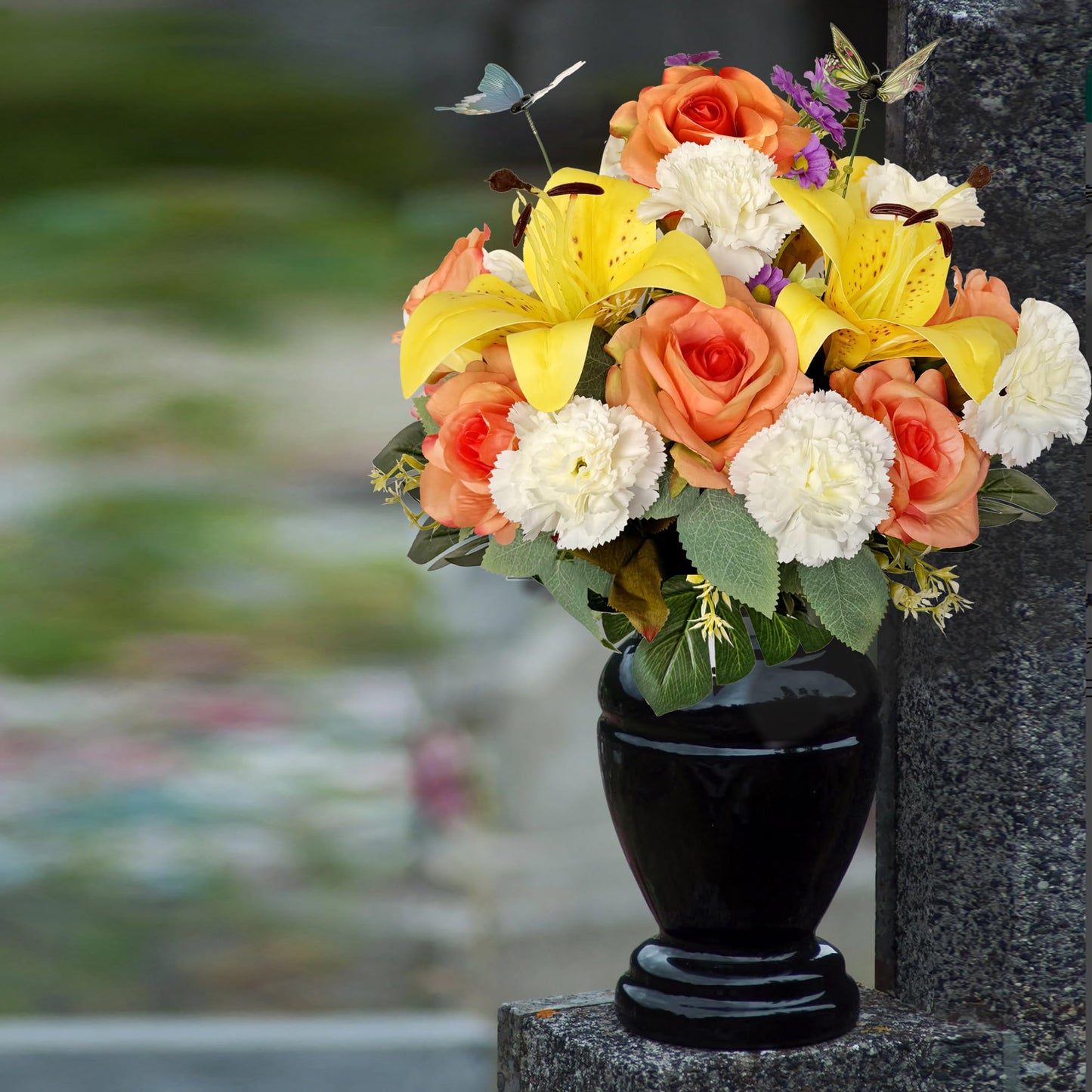 Saxili Silk Artificial Cemetery Flowers - Vivid Spring Grave Flower - Outdoor Headstone Flower Decorations - Lily Rose Carnations