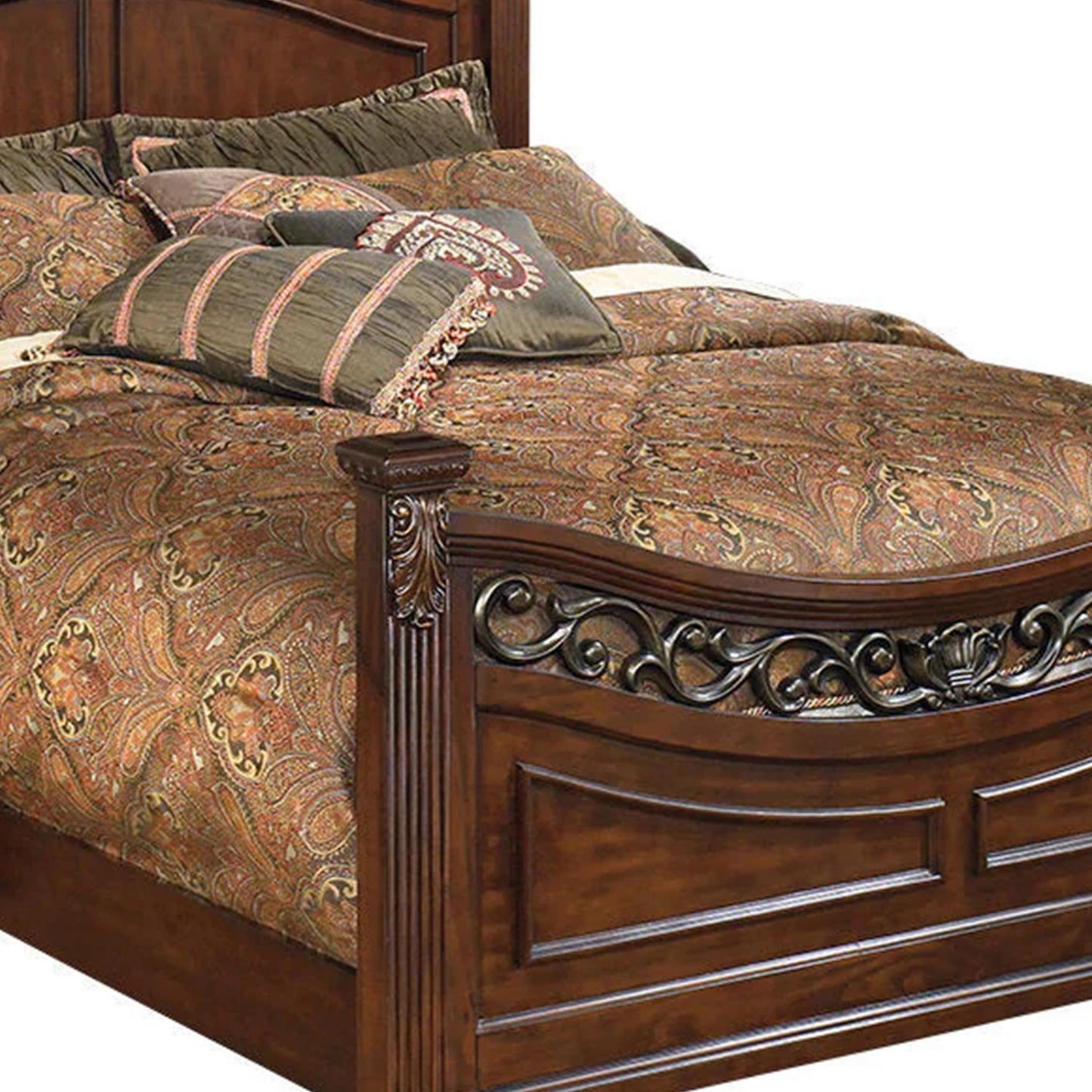 Benjara Aza Traditional Wood California King Bed, Leaf Carvings, Rich Cherry Brown