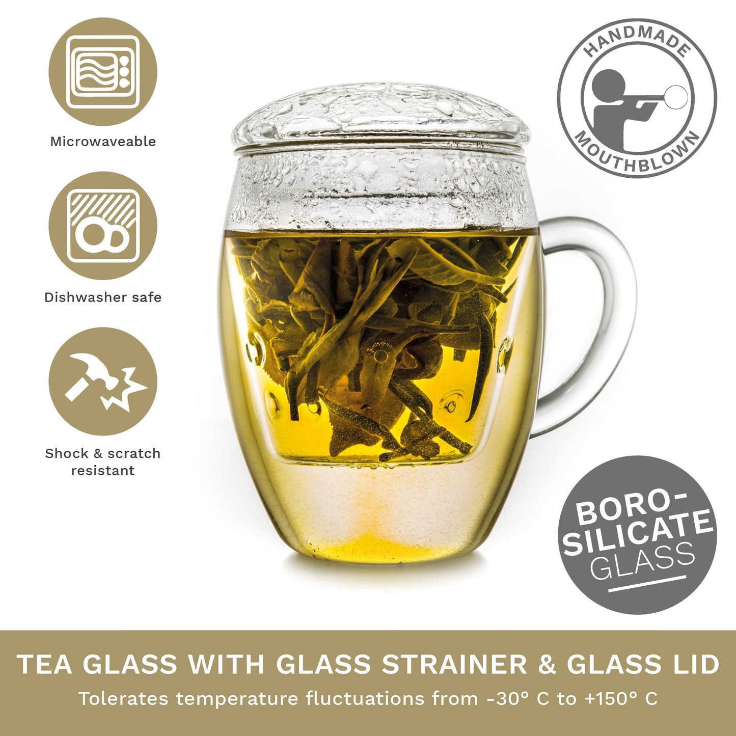 Creano Tea Glass with Infuser and Lid 400ml - Large Tea Cup - Microwave & Dishwasher Safe - Loose Leaf Tea Maker Gift Set