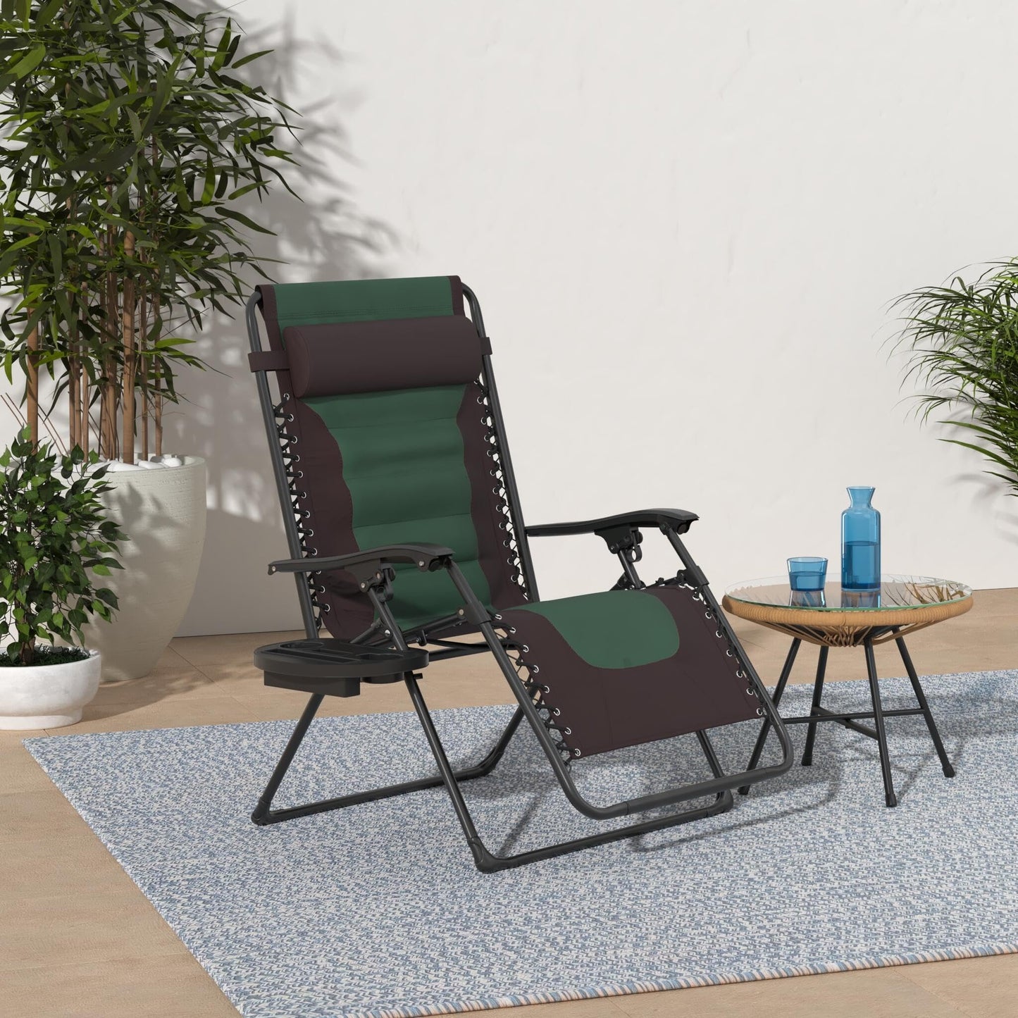 Best Choice Products Oversized Padded Zero Gravity Chair, Folding Outdoor Patio Recliner, XL Anti Gravity Lounger for Backyard w/Headrest, Cup Holder, Side Tray, Polyester Mesh - Espresso/Green