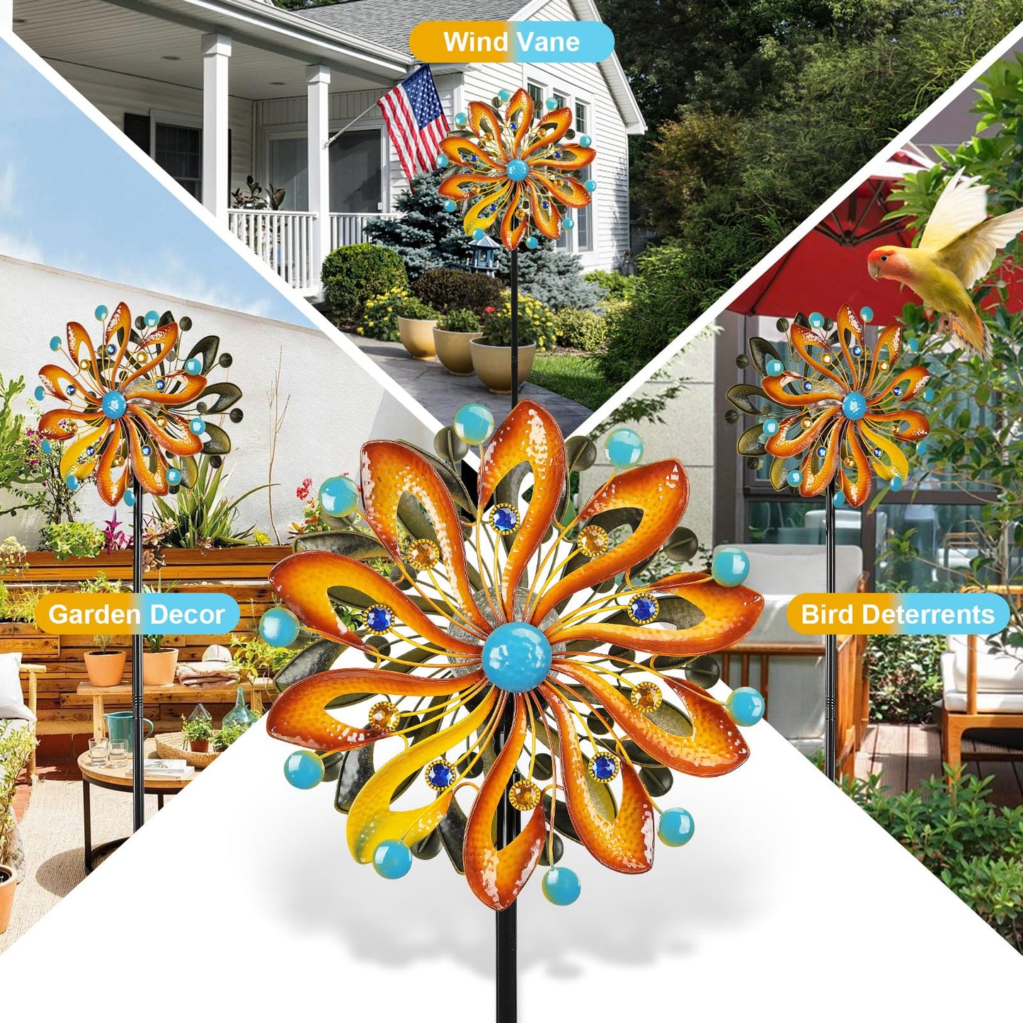 Wind Spinners for Yard and Garden-Wind Sculptures & Spinners 75 in Garden Kinetic Art with Solar Powered Multi-Color Glass Ball Light for Yard Garden Backyard Lawn Decorations