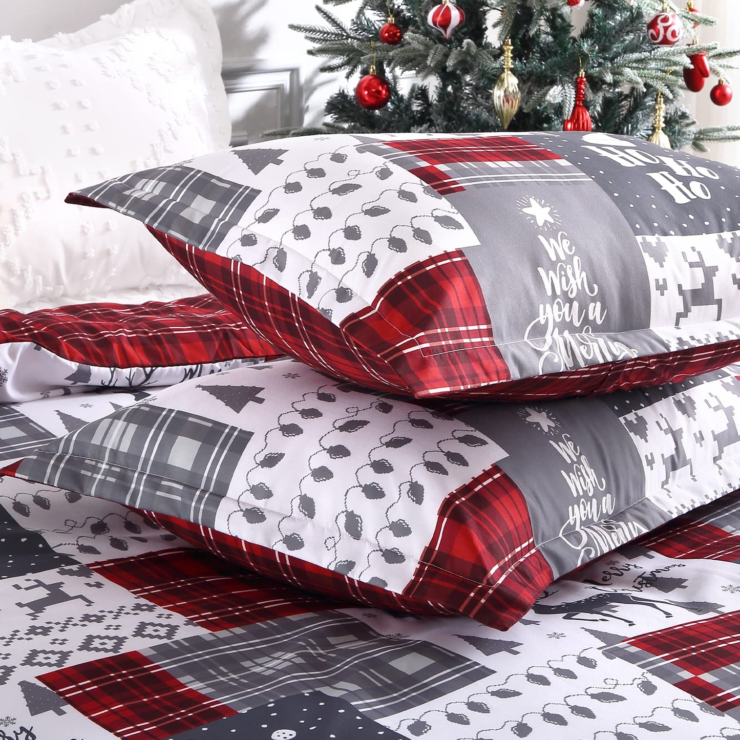 CAROMIO Christmas Duvet Cover King, Soft Microfiber Red Duvet Covers, Reversible Printed Comforter Cover Set Christmas Holiday Decorative Bedding (Christmas Plaid, King)