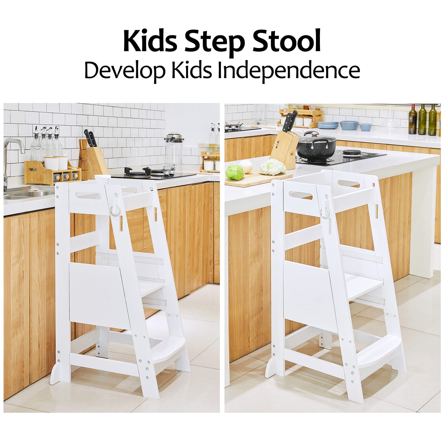 TOETOL Bamboo Toddler Kitchen Step Stool White Helper Standing Tower Height Adjustable with Anti-Slip Protection for Kids Kitchen Counter Learning