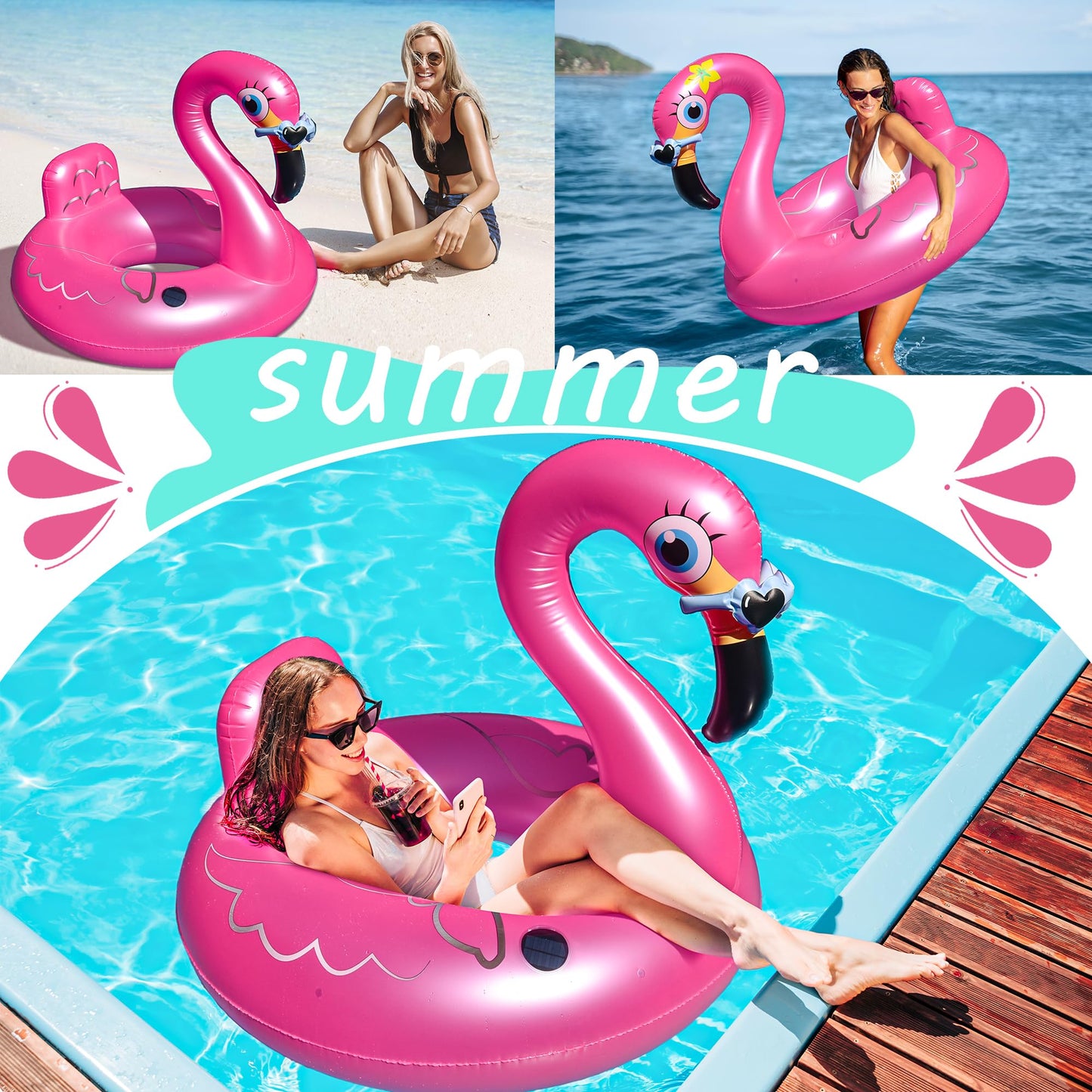 FloVogue Inflatable Flamingo Pool Float with Lights, 43'' Solar Powered Flamingo Swimming Pool Tubes, Floaties Swimming Pool Rings for Pool, Lake, Beach Parties, Leisure Vacation & Water Entertainment