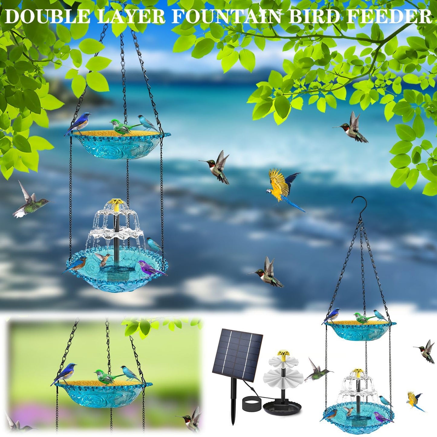 2 Layer Hanging Bird Bath for Outside, 9.25 Inch Metal Hanging Bird Baths for Outdoors 2 in 1 Bird Feeder for Backyard, Yard, Patio, Garden Decor (Purple)