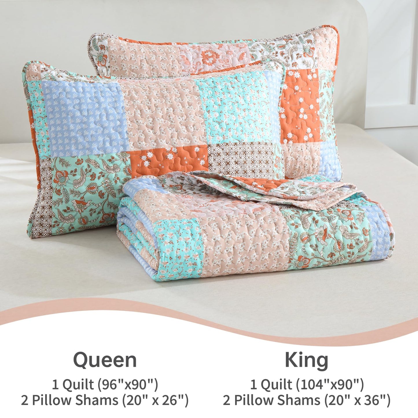 Queen Quilt Set Boho Orange Teal Patchwork Bedspread Floral Coverlet Reversible Spring Bed Quilt Set Soft Microfiber Bedding Farmhouse Garden Bed Sets for All Season