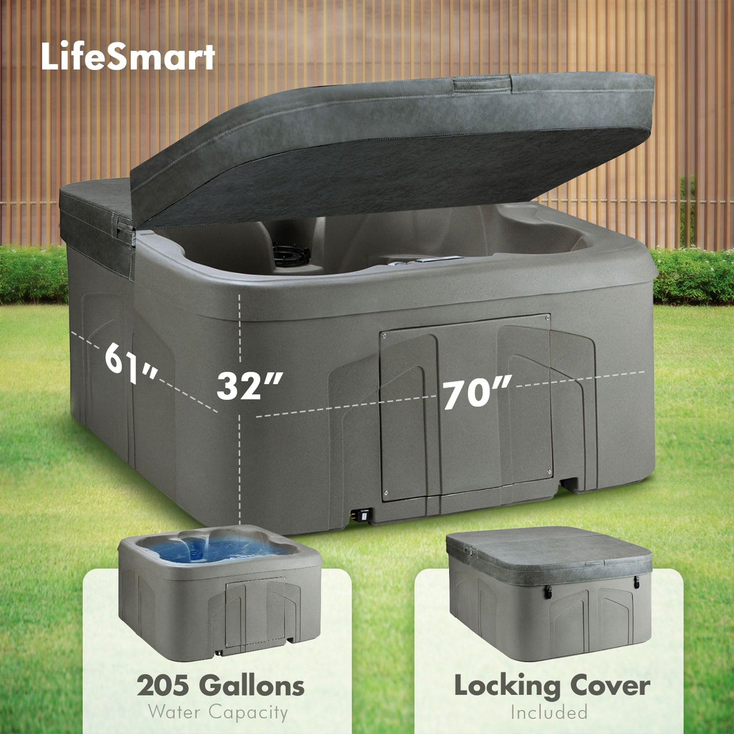 Lifesmart 4 Person Plug & Play Portable Square Outdoor Hot Tub Spa, w/ 13 Jets, Thermal Friction Heating, Cover, & Multi-Color LED Light System, Taupe