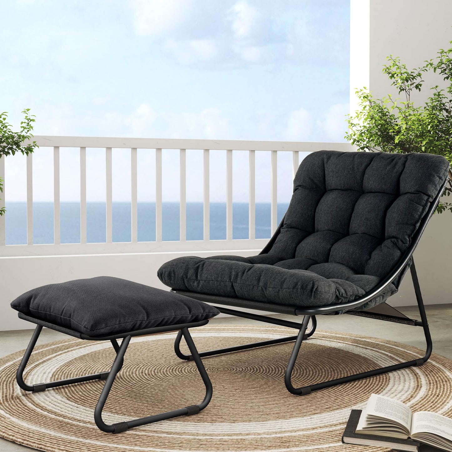 Grand patio Outdoor Lounge Chair with Ottoman, Comfy Sling Recliner Chair with Puffy Cushion and Footstool, Samba Modern Patio Furniture Set for Porch Deck Garden, Dark Gray