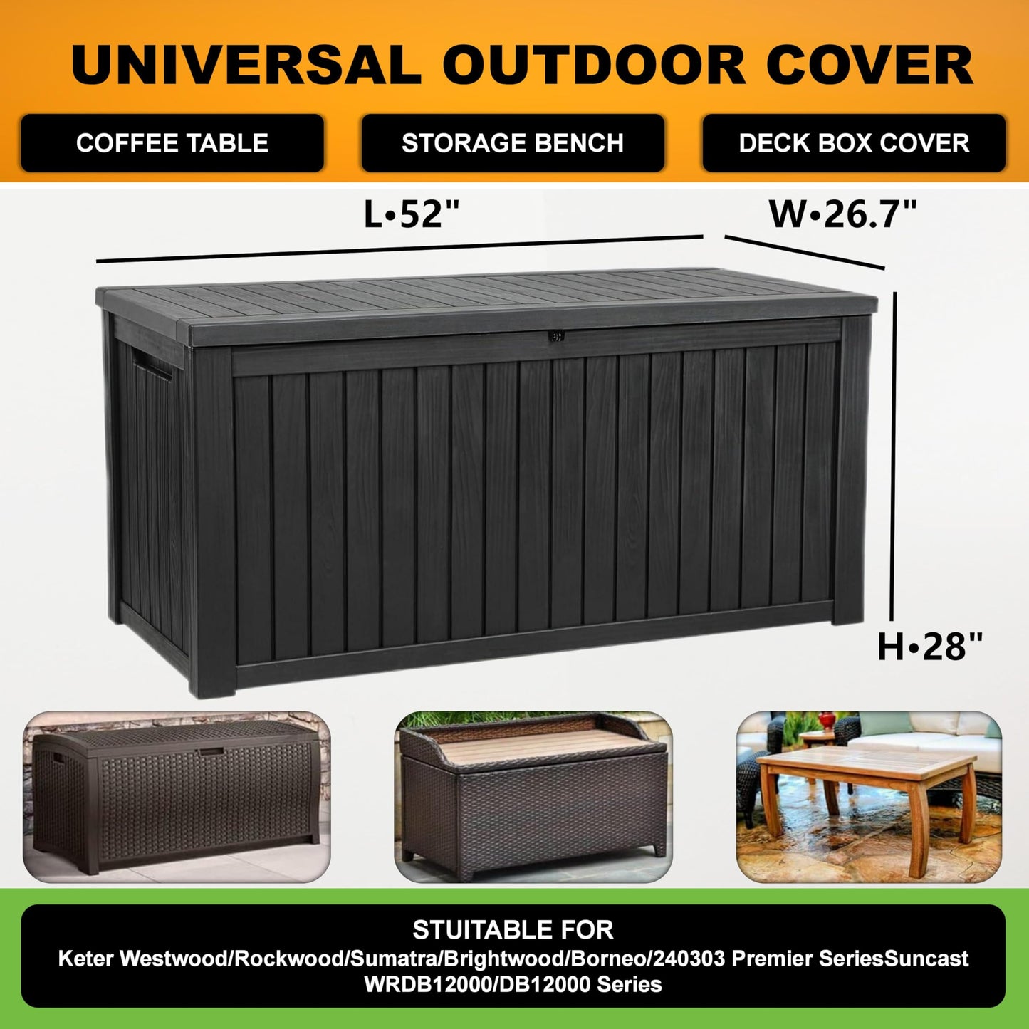 Deck Box Cover, Outdoor Large Storage Box Cover 130 Gallon Deck Box Dust Cover Heavy Duty 600D Oxford Fabric Patio Furniture Cover, Rain, Dust, UV, Wind, Snow Resistant, 52 x26.7 x 28 Inches